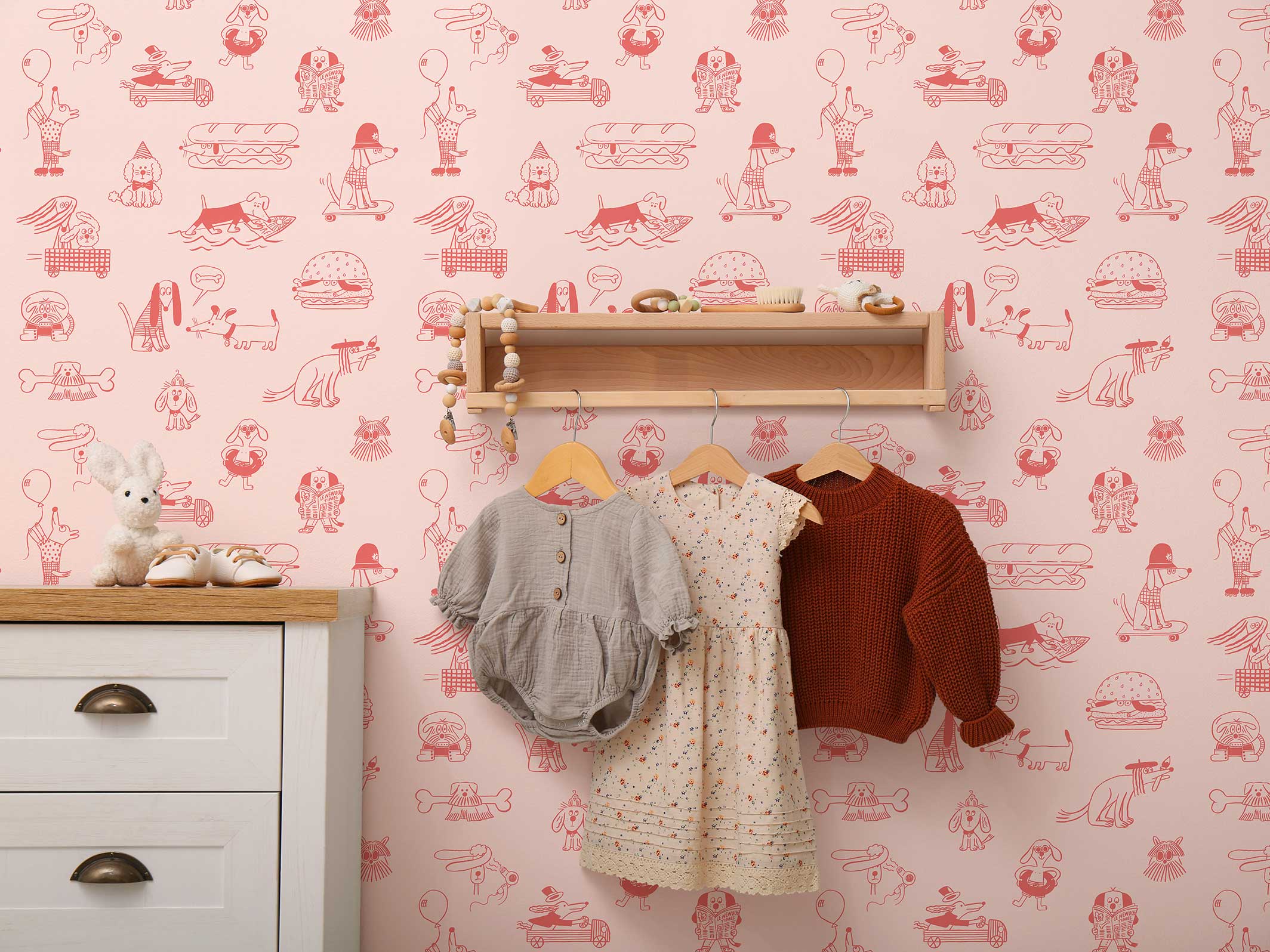 Papier peint enfant - Woof - Beige rosé & Rose velours