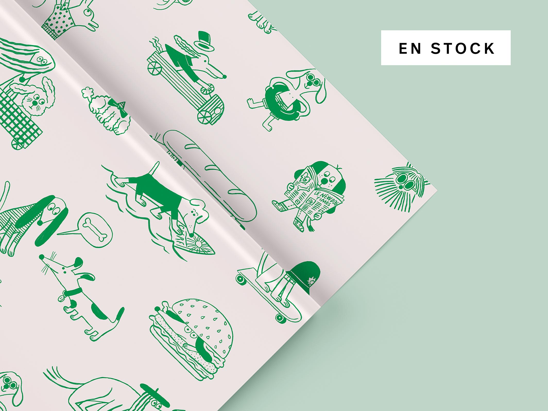 Papier peint chiens - Woof - Crème & Vert pomme - en stock