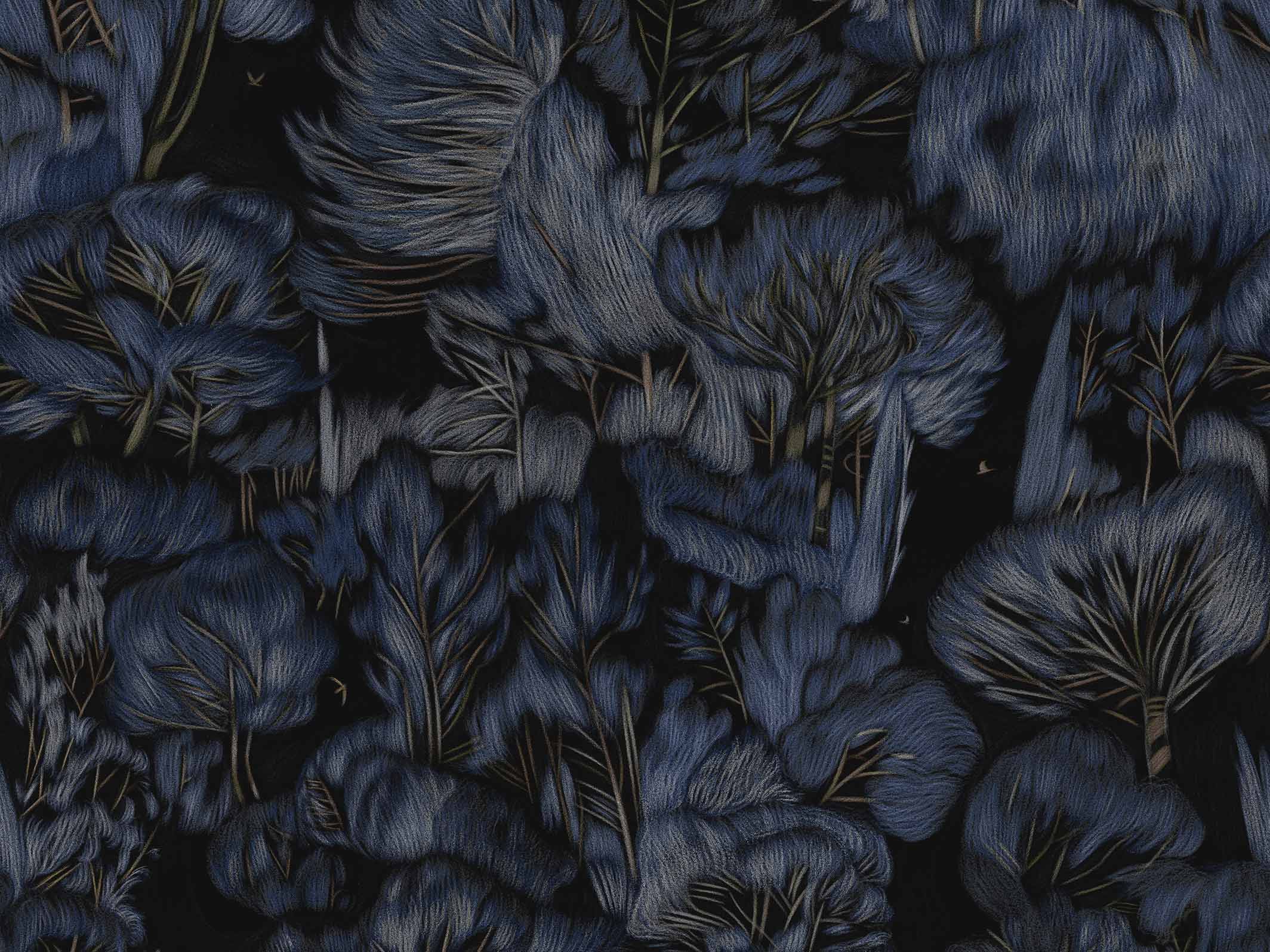 Papier peint végétal - Canopée - Bleu nuit & Noir carbone, zoom sur le motif