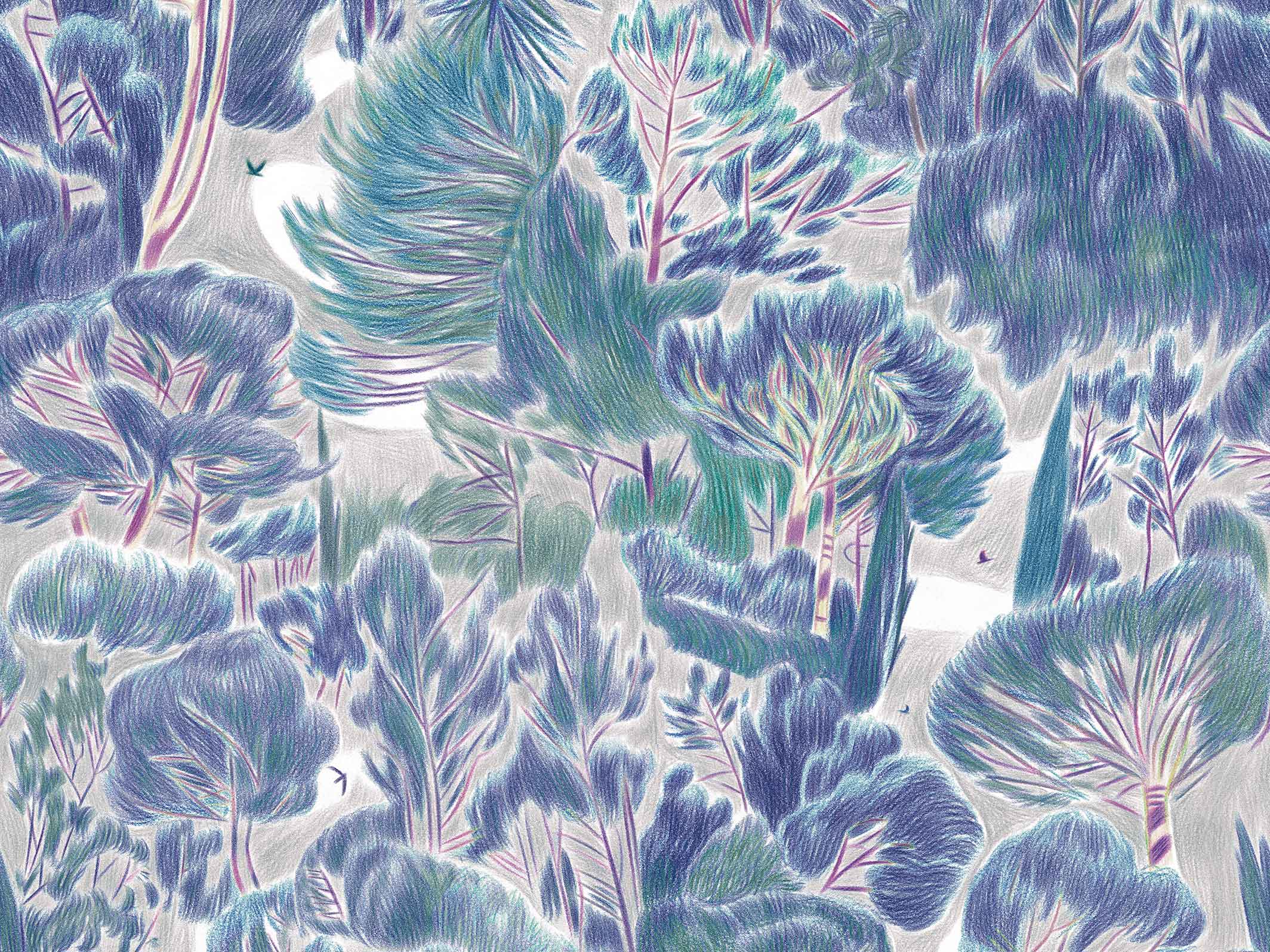 Papier peint végétal - Canopée - Bleu persan & Gris perle, zoom sur le motif seul