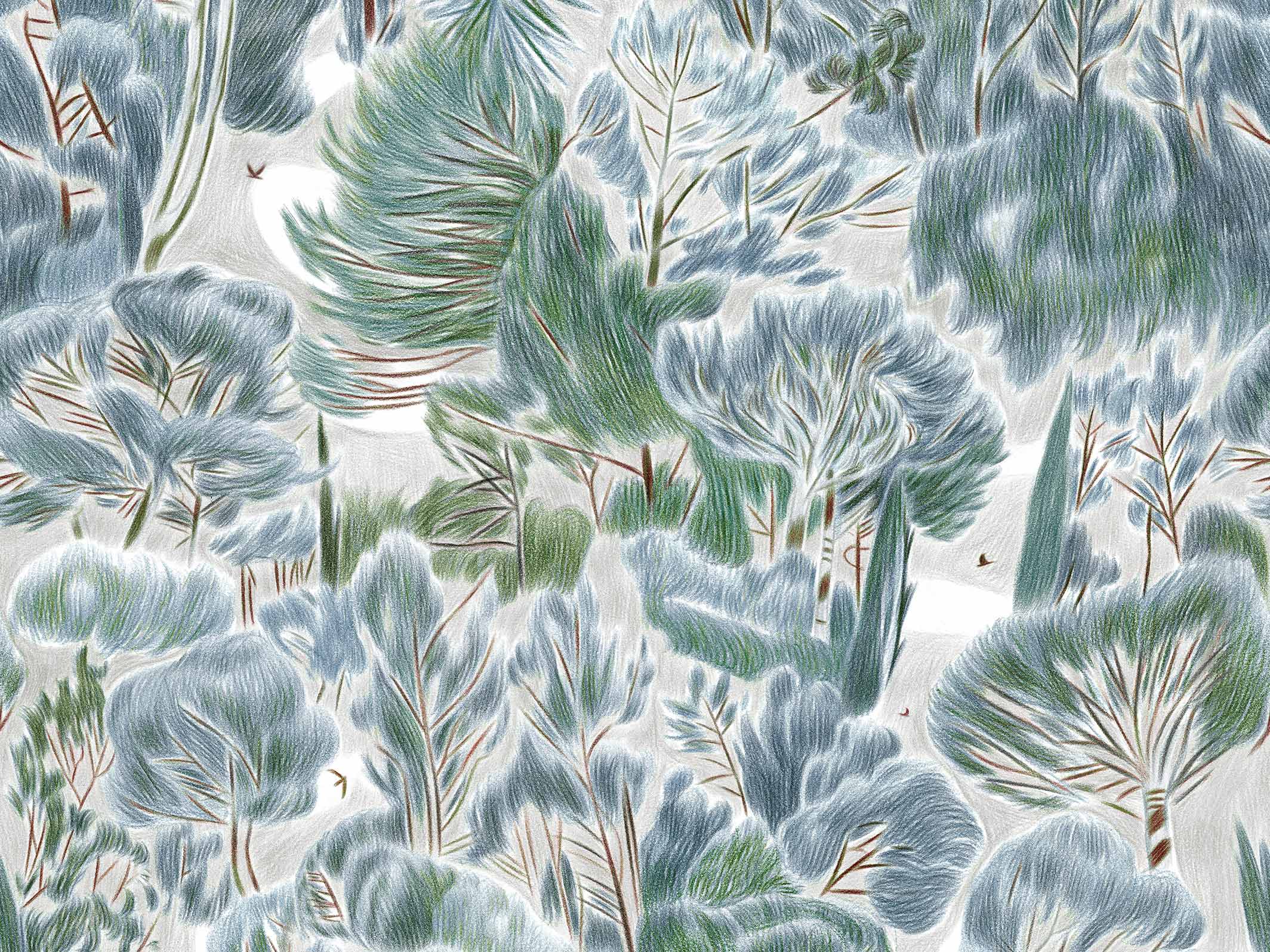 Papier peint végétal - Canopée - Vert sapin & Gris bleu, zoom sur le motif seul