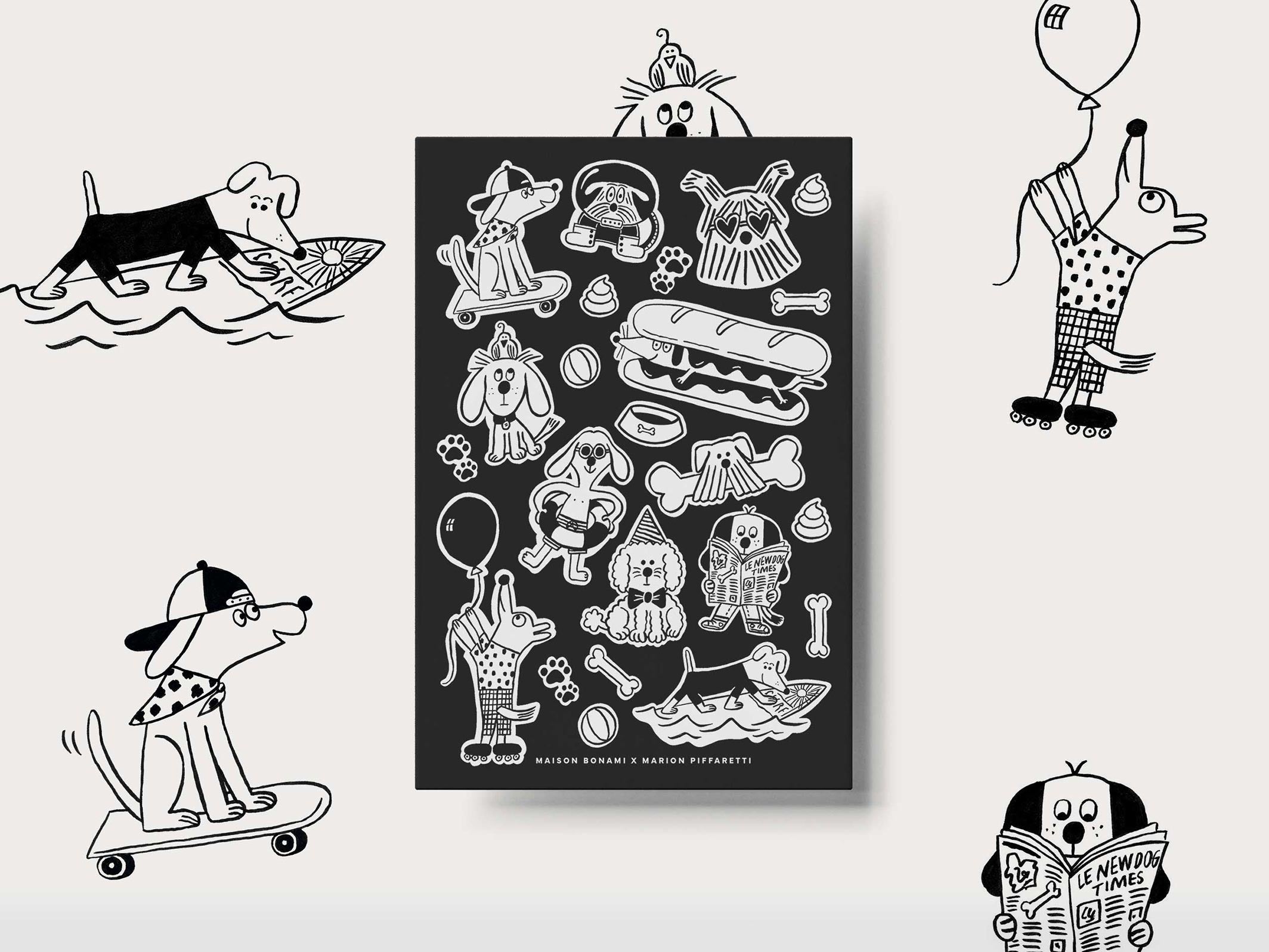 Planche de 23 stickers A5 Woof - Noir & Blanc