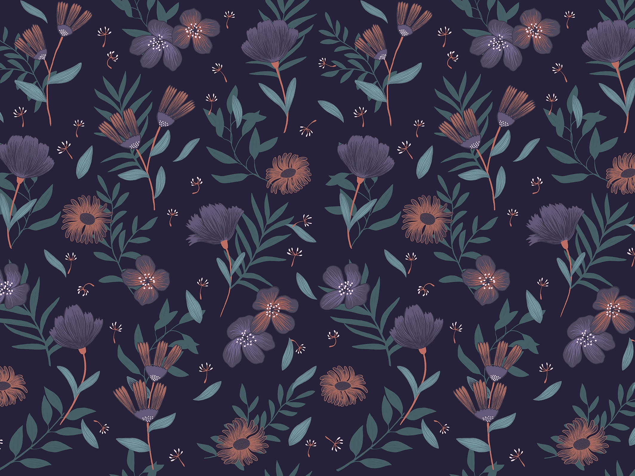 Papier peint floral - Adèle - Bleu myrtille & Vert eucalyptus