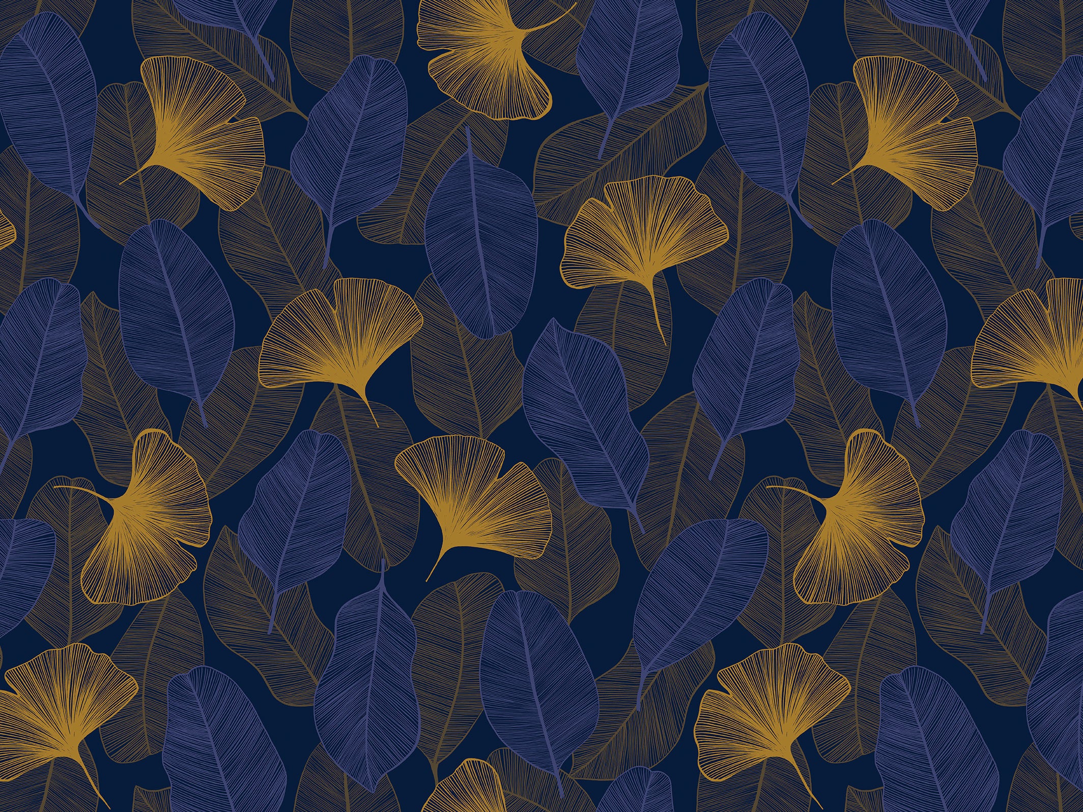 Papier peint floral - Elisa - Bleu nuit & Ocre doré