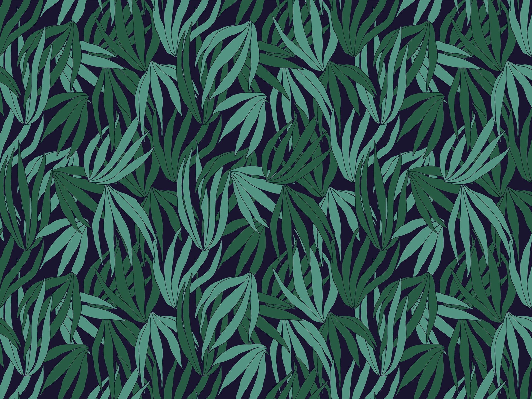 Papier peint jungle - Golden Corals - Vert jungle & Bleu nuit