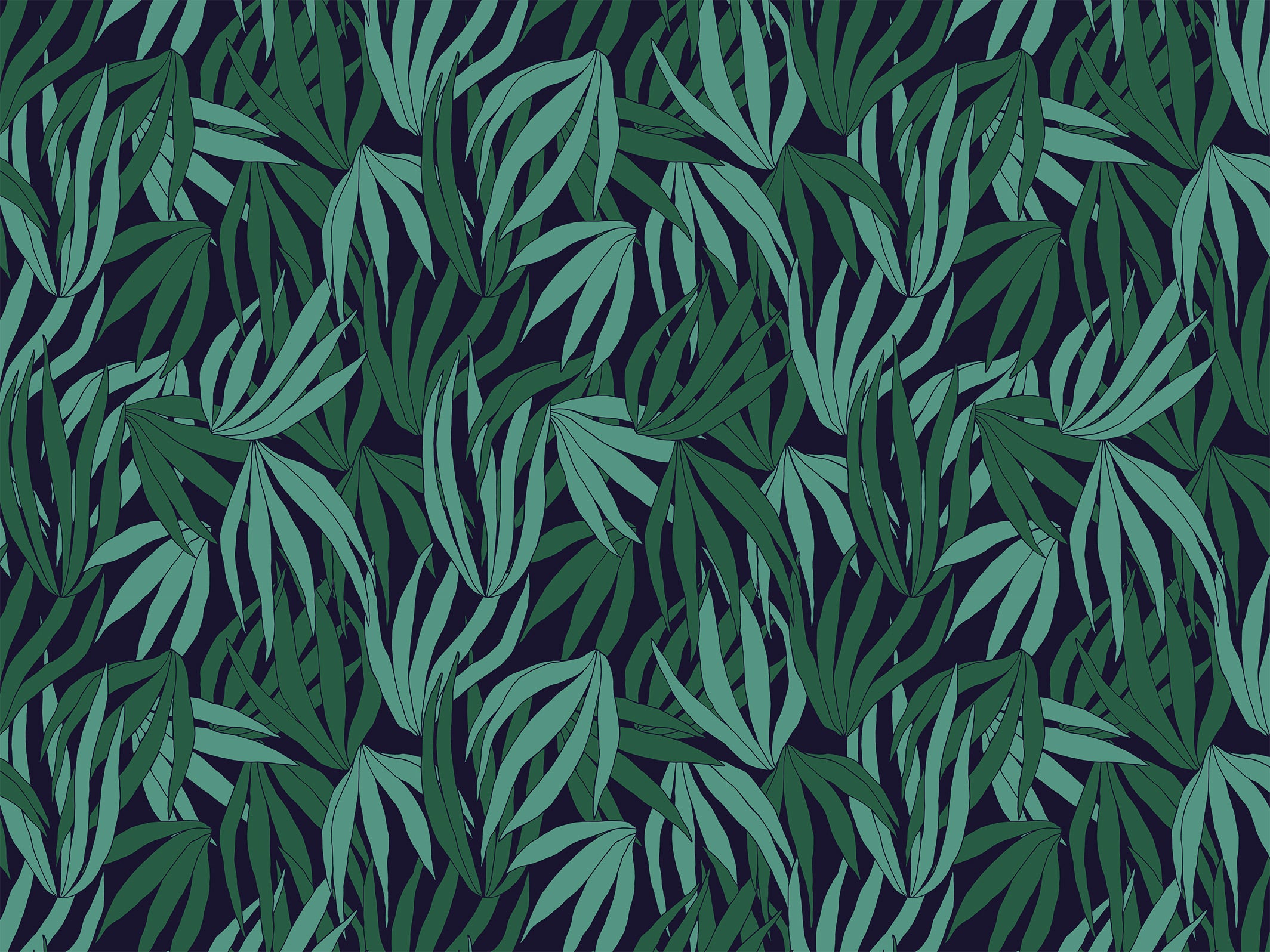 Papier peint jungle - Golden Corals - Vert jungle & Bleu nuit